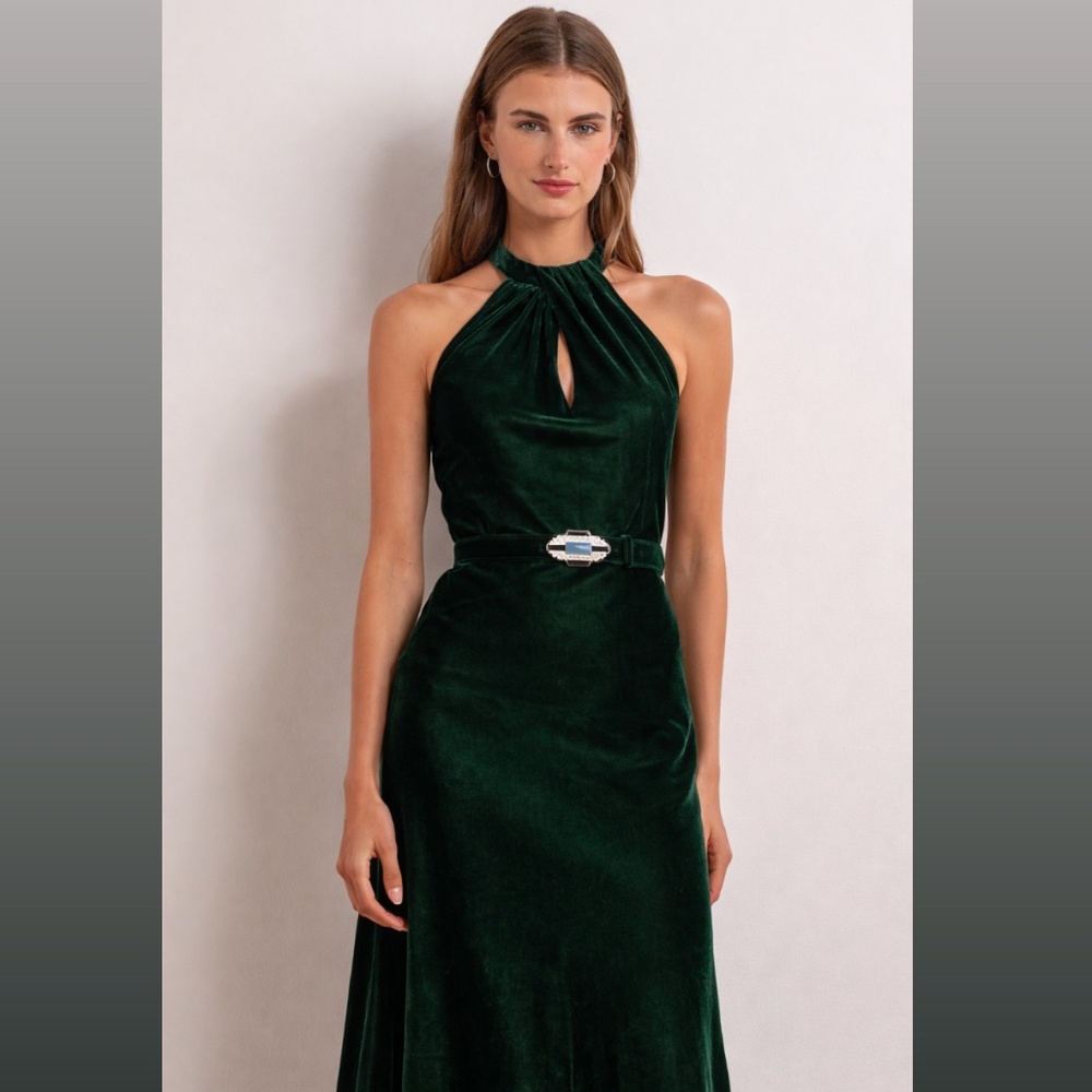 NWT Lauren Ralph Lauren Belted Velvet Halter Dress in emerald green in size 2